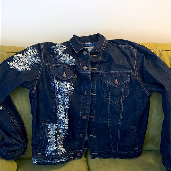 Custom distressed navy denim jacket - Picture 1 of 6